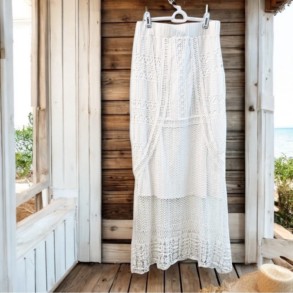 NEW-XCVI Bohemian Semi-Sheer White Open Crochet Maxi Skirt with Partial Liner-M